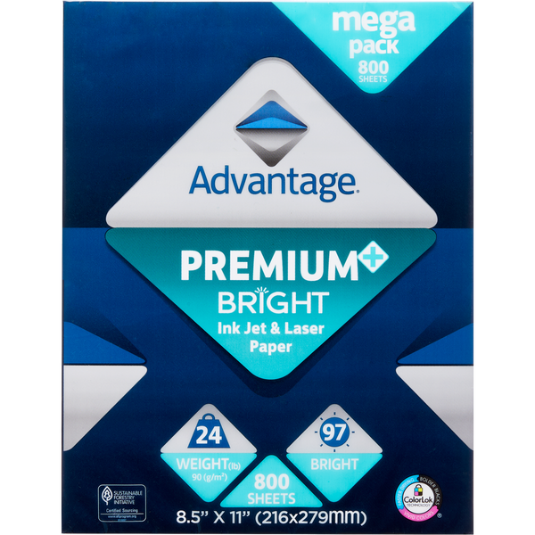 Advantage Premium Bright Inkjet & Laser Paper, 97 Bright, 24 lb, White, 8-1/2" x 11", 1 Ream, Mega Pack 800 Sheets