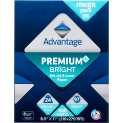 Advantage Premium Bright Inkjet & Laser Paper, 97 Bright, 24 lb, White, 8-1/2" x 11", 1 Ream, Mega Pack 800 Sheets