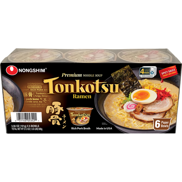 Nongshim Tonkotsu Ramen Premium Noodle Soup, Rich Pork Broth, 3.56 oz, 6 ct