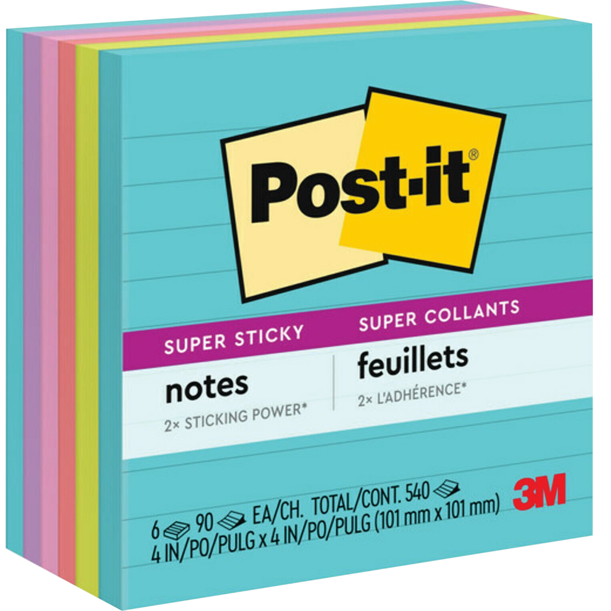 Post-it Super Sticky Notes, 4" x 4", Supernova Neons Collection, Lined, 90 Sheets, 6 Pads