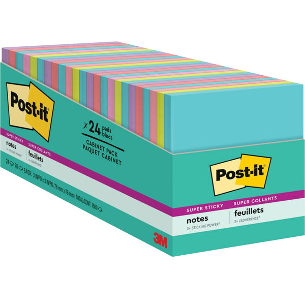 Post-it Super Sticky Notes, 3" x 3", Supernova Neons Collection, 70 Sheets, 24 Pads