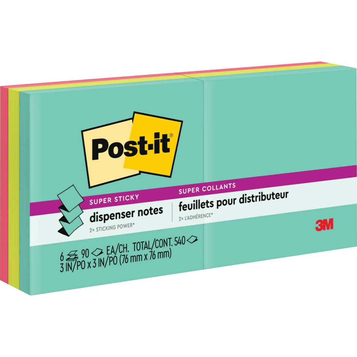 Post-it Super Sticky Dispenser Pop-up Notes, 3" x 3", Supernova Neons Collection, 90 Sheets, 6 Pads