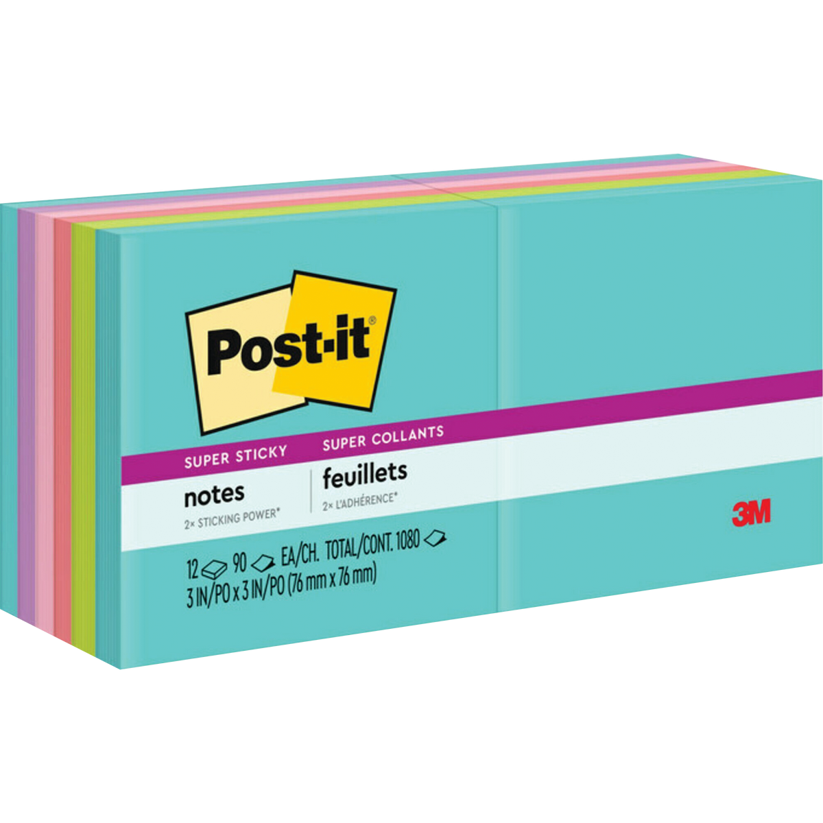 Post-it Super Sticky Notes, 3" x 3", Supernova Neons Collection, 90 Sheets, 12 Pads