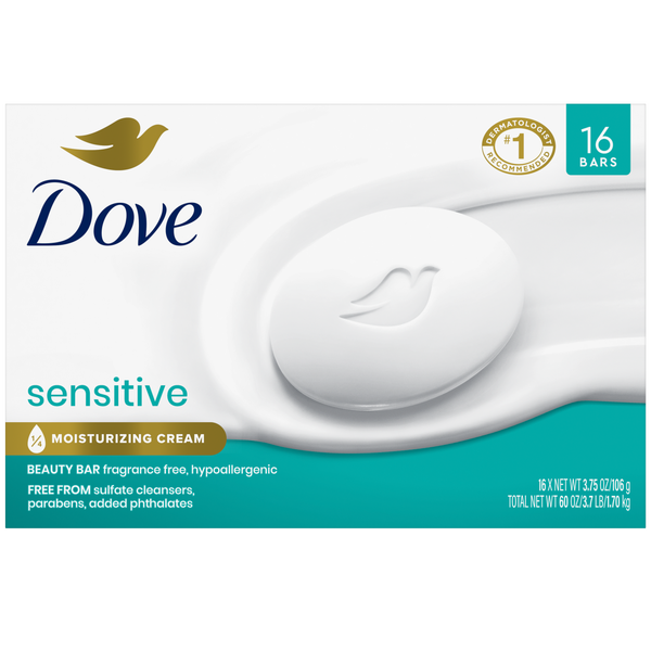 Dove Sensitive Skin Beauty Bar Soap, Hypo-Allergenic, 3.75 oz, 16 ct