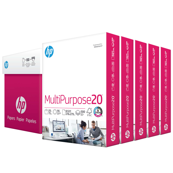 HP Multipurpose Paper, 96 Bright, 20 lb, White, 8-1/2" x 11", 5 Reams, 2500 Sheets