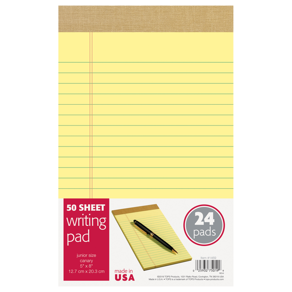 TOPS Junior Legal Notepad, Legal Ruled, Canary Yellow, 5” x 8”, 50 Sheets, 24 Pads