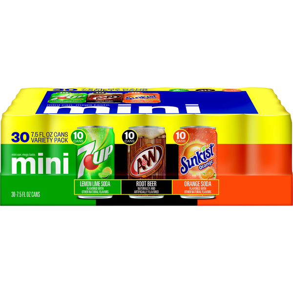 7UP, A&W, Sunkist Mini Can Variety Pack, 7.5 fl oz, 30 ct