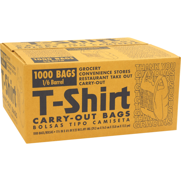 Poly-America Thank You/Gracias T-Shirt Carry-Out Bags, 1/6 Barrel, 1000 ct