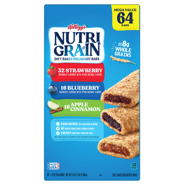 Kellogg's Nutri-Grain Breakfast Bars, Variety Pack, 1.3 oz, 64 ct