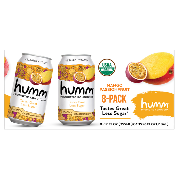 Humm Organic Probiotic Kombucha, Mango Passionfruit, 12 fl oz, 8 ct