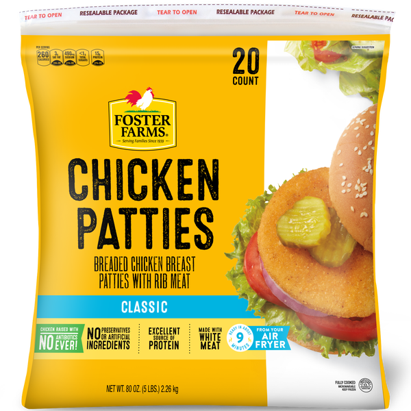 Foster Farms Breaded Chicken Patties, Classic, 1/4 lb, 20 ct