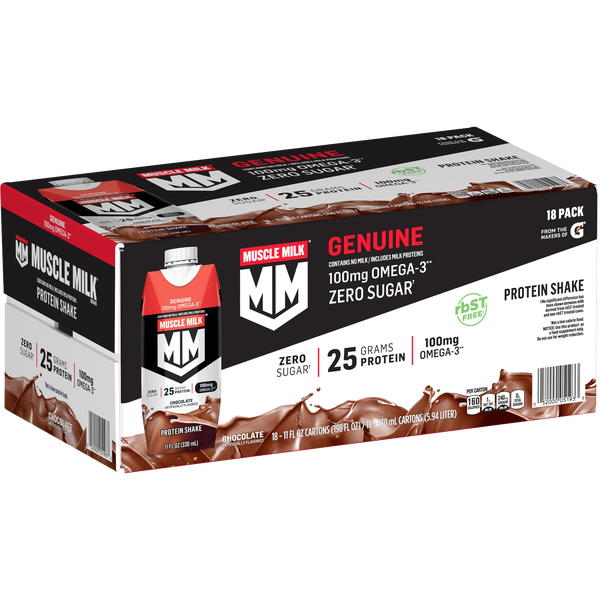 Muscle Milk Genuine Protein Shake, 25g Protein, Zero Sugar, Chocolate, 11 fl oz, 18 ct