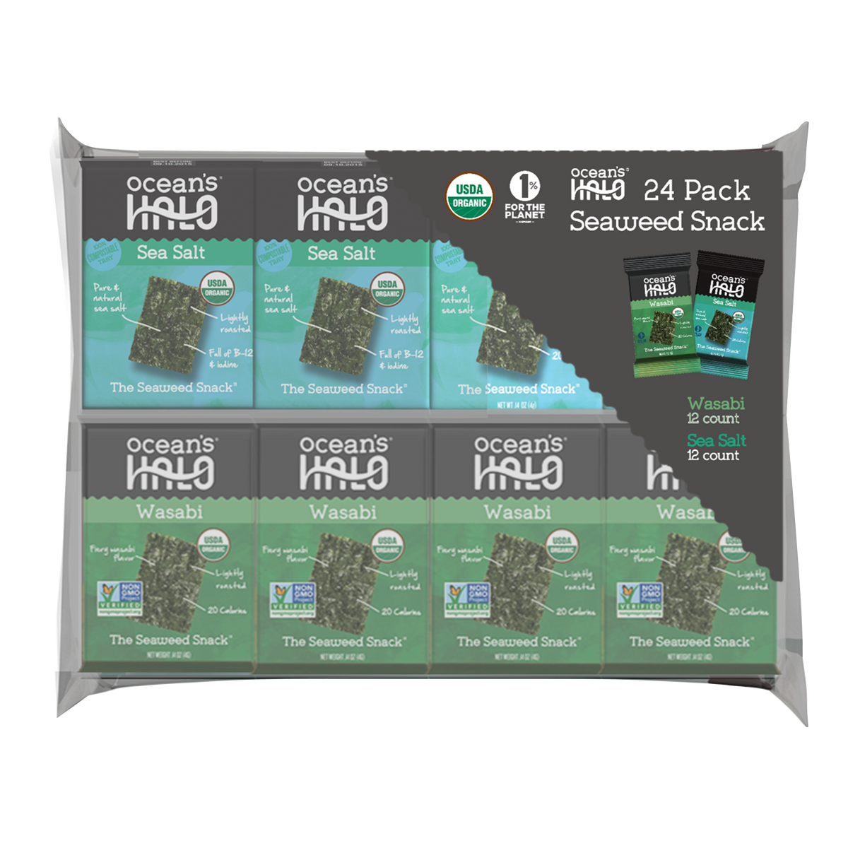 Ocean's Halo Seaweed Snack, Sea Salt & Wasabi, 0.14 oz, 24 ct