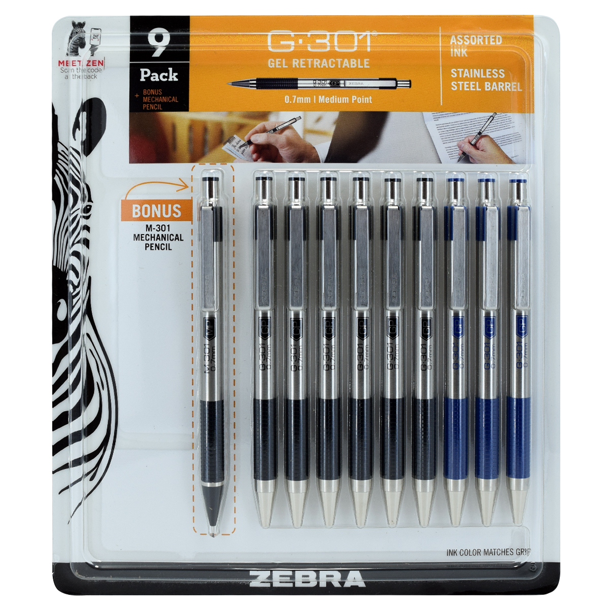 Zebra G-301 Retractable Gel Pen, Medium Point 0.7mm, Assorted Ink Colors, 9 ct