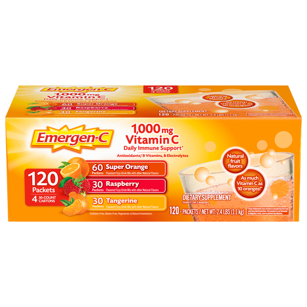 Emergen-C 1000 mg Vitamin C Daily Immune Support Fizzy Drink Mix, Variety Pack, 120 ct