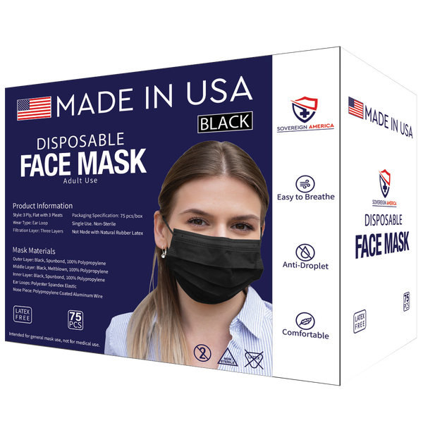 Sovereign America Disposable Face Mask, Adult Use, Black, 75 ct