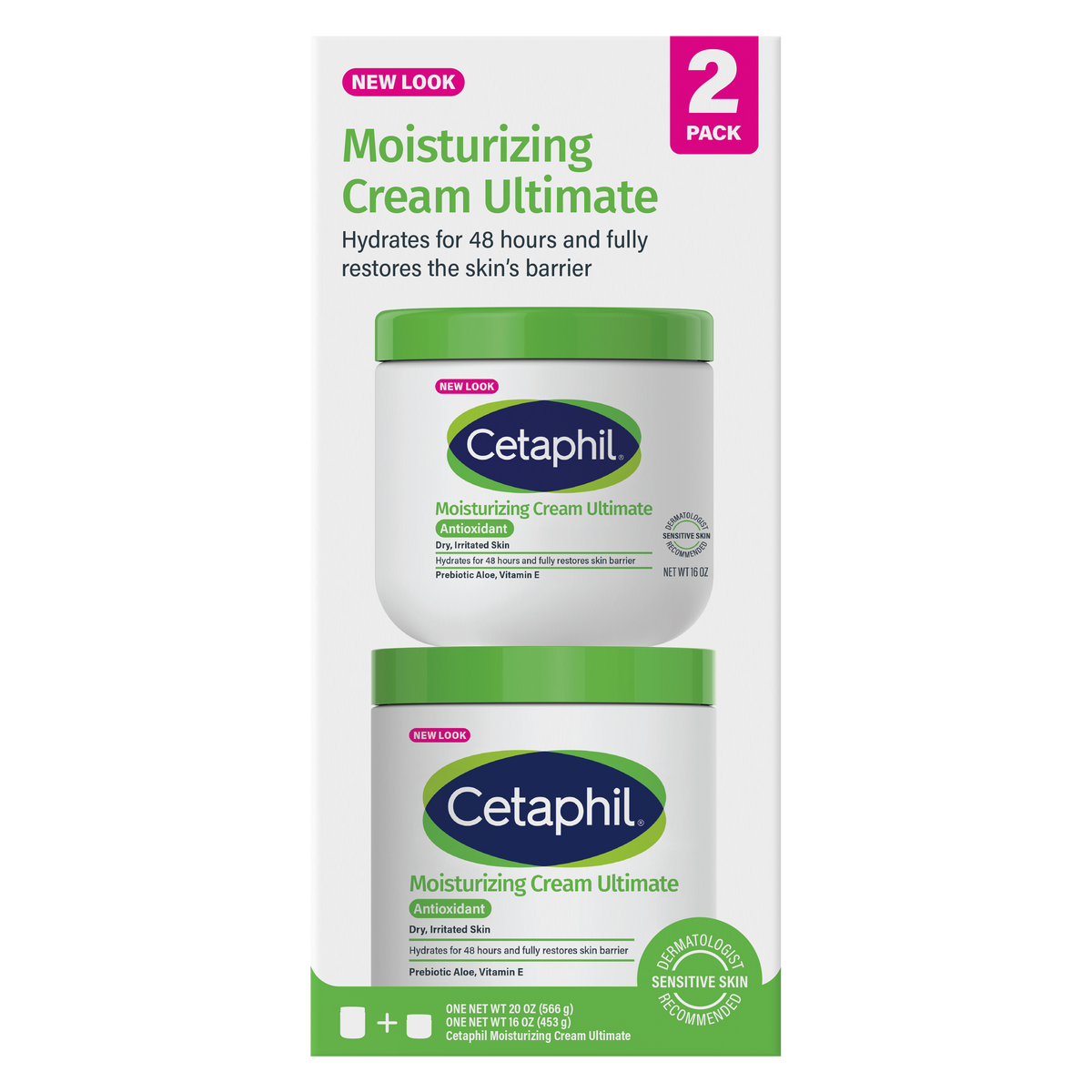 Cetaphil Moisturizing Cream Ultimate with Prebiotic Aloe, Very Dry to Dry Sensitive Skin, 20 oz + 16 oz