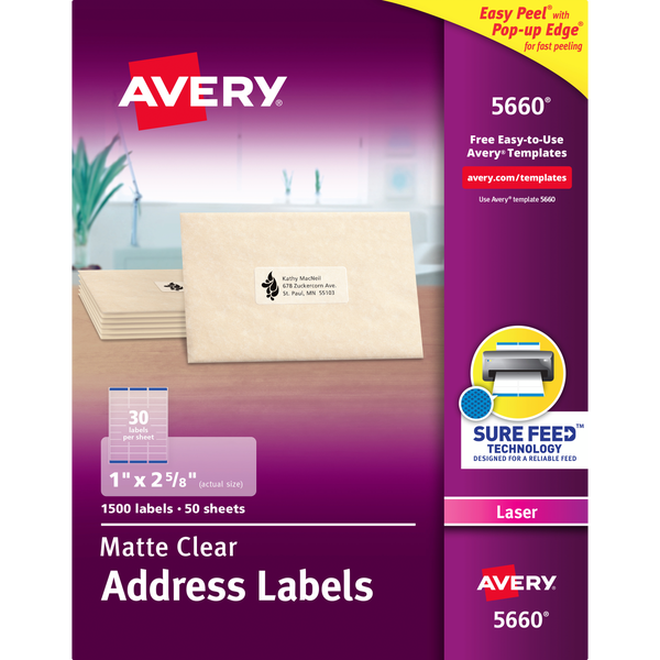 Avery Matte Clear Address Labels with Sure Feed, Laser, 1" x 2-5/8", 1500 Labels