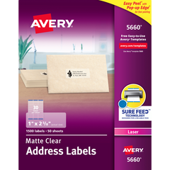 Avery Matte Clear Address Labels with Sure Feed, Laser, 1" x 2-5/8", 1500 Labels