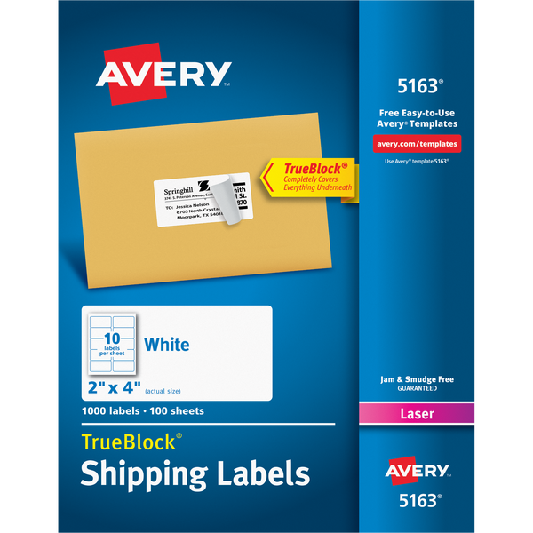 Avery TrueBlock Shipping Labels with Sure Feed, Laser, White, 2" x 4", 1000 Labels