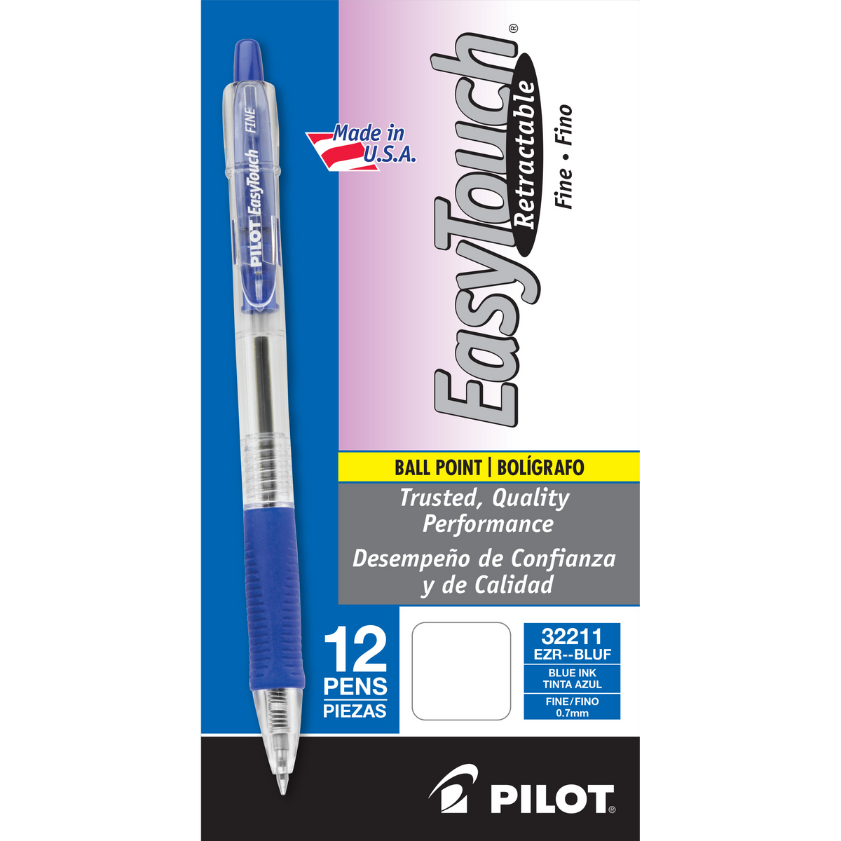 Pilot EasyTouch Retractable Ballpoint Pen, Fine Point, 0.7mm, Blue Ink, 12 ct