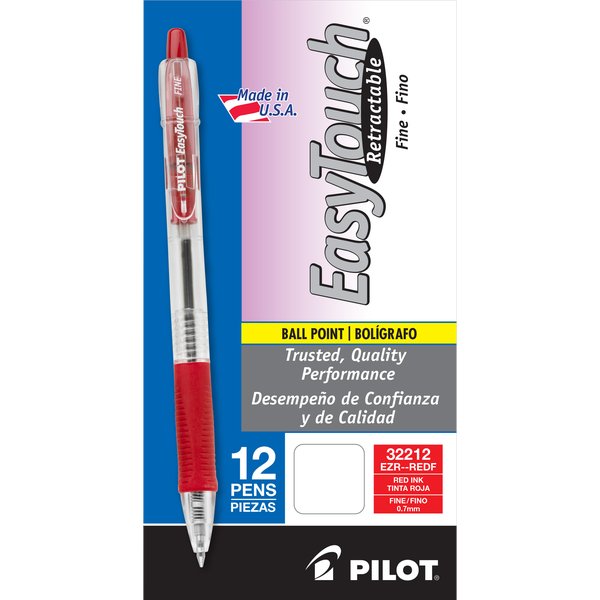 Pilot Pen EasyTouch Retractable Ballpoint Ink Pen, Fine Point 0.7mm, Red Ink, 12 ct