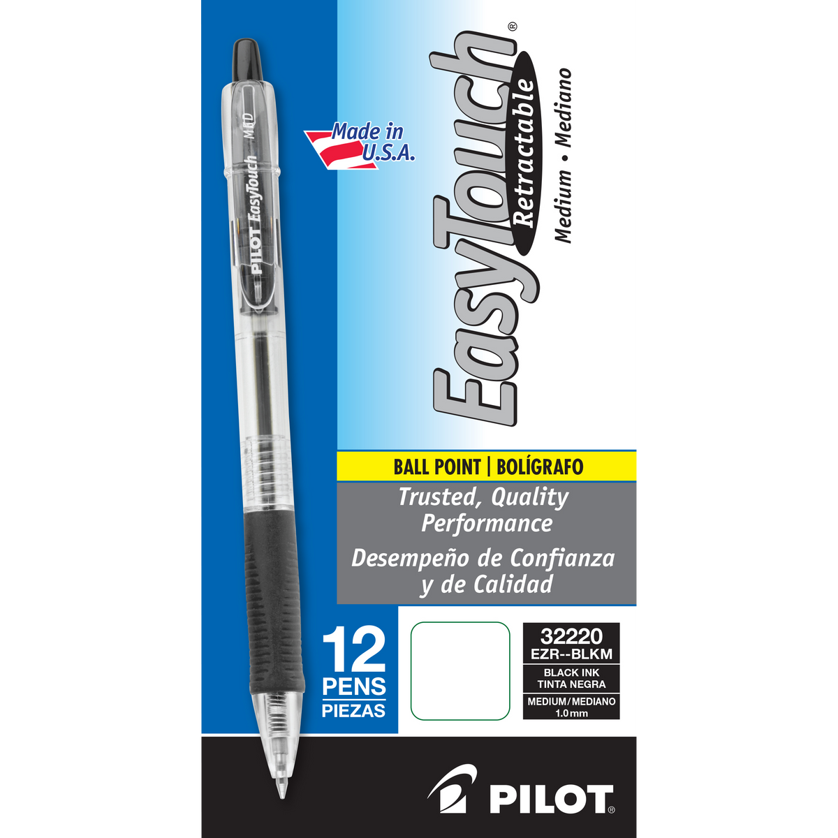 Pilot EasyTouch Retractable Ballpoint Pen, Medium Point 1.0mm, Black Ink, 12 ct