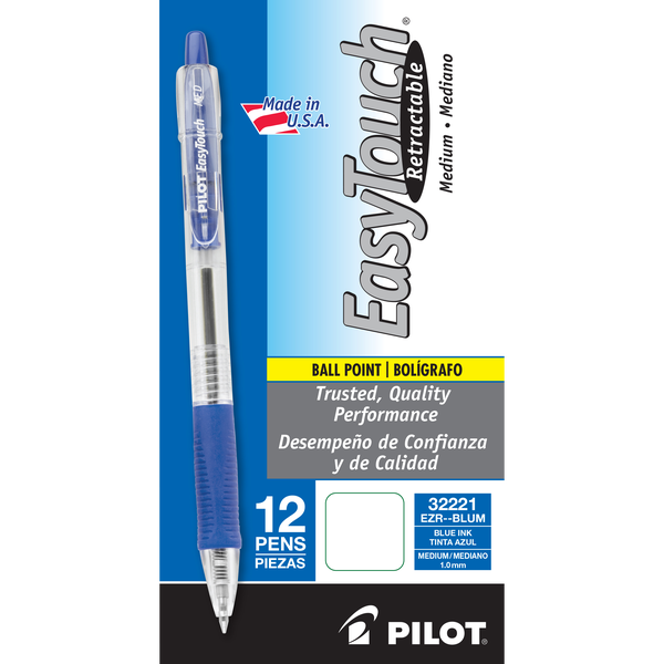 Pilot Pen EasyTouch Retractable Ballpoint Ink Pen, Medium Point 1.0mm, Blue Ink, 12 ct