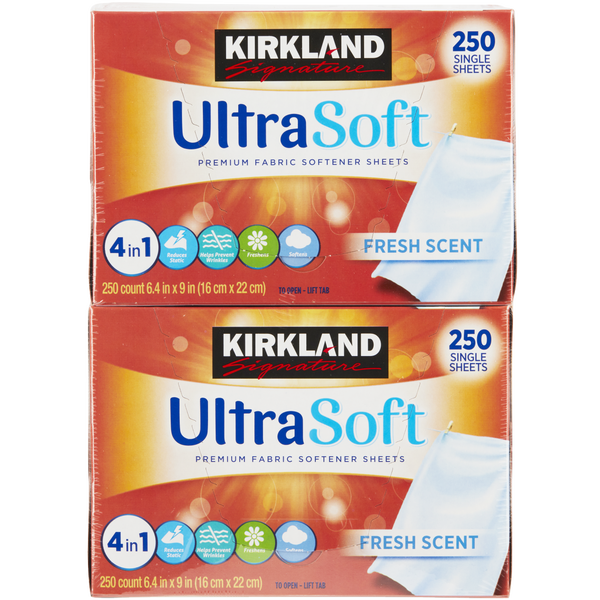 Kirkland Signature Fabric Softener Sheets, Premium Ultra Soft, Fresh Scent, 250 Sheets, 2 ct