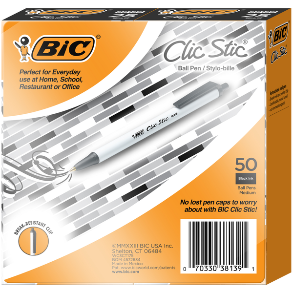 BIC Clic Stic Retractable Ballpoint Pen, Medium Point 1.0mm, Black Ink, 50 ct