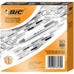 BIC Clic Stic Retractable Ballpoint Pen, Medium Point 1.0mm, Black Ink, 50 ct