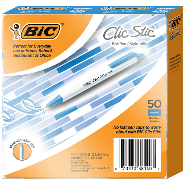 BIC Clic Stic Retractable Ballpoint Pen, Medium Point 1.0mm, Blue Ink, 50 ct