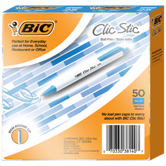 BIC Clic Stic Retractable Ballpoint Pen, Medium Point 1.0mm, Blue Ink, 50 ct