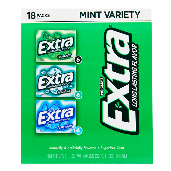 Extra Sugar Free Chewing Gum, Mint Variety Pack, 15 Sticks, 18 ct