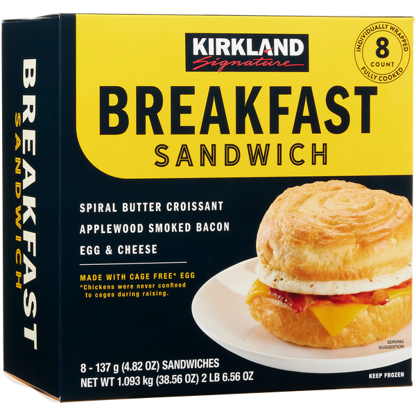 Kirkland Signature Croissant Breakfast Sandwich, Applewood Smoked Bacon, Egg and Cheese, 4.82 oz, 8 ct