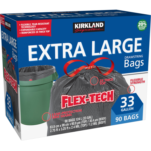 Kirkland Signature Extra Large Drawstring Trash Bags, Flex-Tech, 20% PCR, Black, 33 Gallon, 90 ct