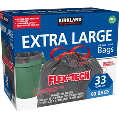 Kirkland Signature Extra Large Drawstring Trash Bags, Flex-Tech, 20% PCR, Black, 33 Gallon, 90 ct