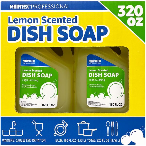 Maintex Professional High Sudsing Liquid Dish Soap, Lemon Scent, 160 fl oz, 2 ct