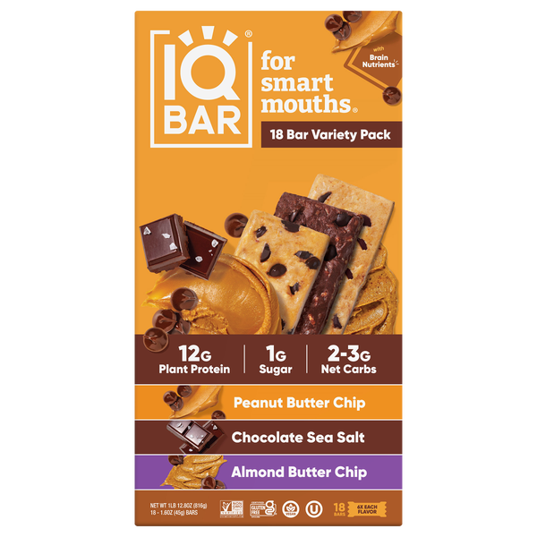 IQBAR Plant Protein Bar, Chocolate Lovers Variety Pack, 1.6 oz, 18 ct