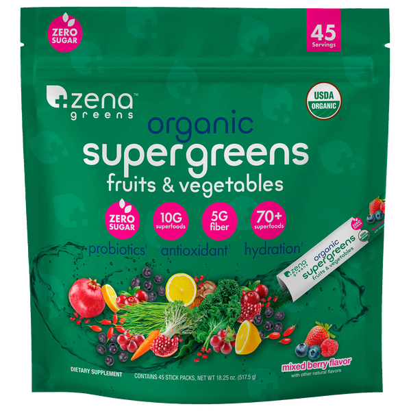 Zena Greens Organic Supergreens Fruits & Vegetables, Mixed Berry, 45 ct