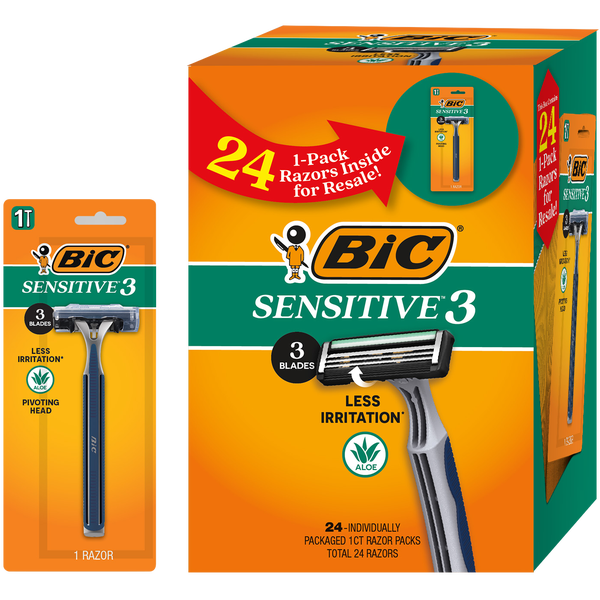 Bic Sensitive 3 Razors, 3 Blades, Lubricating Strip, Pivoting Head, 24 ct