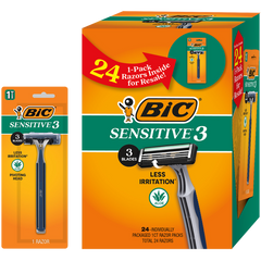 Bic Sensitive 3 Razors, 3 Blades, Lubricating Strip, Pivoting Head, 24 ct