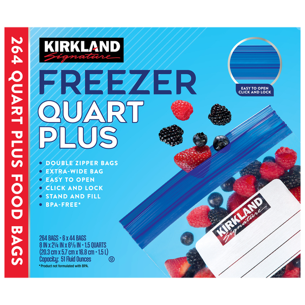 Kirkland Signature Freezer Quart Plus Bags, Double Zipper, 264 ct