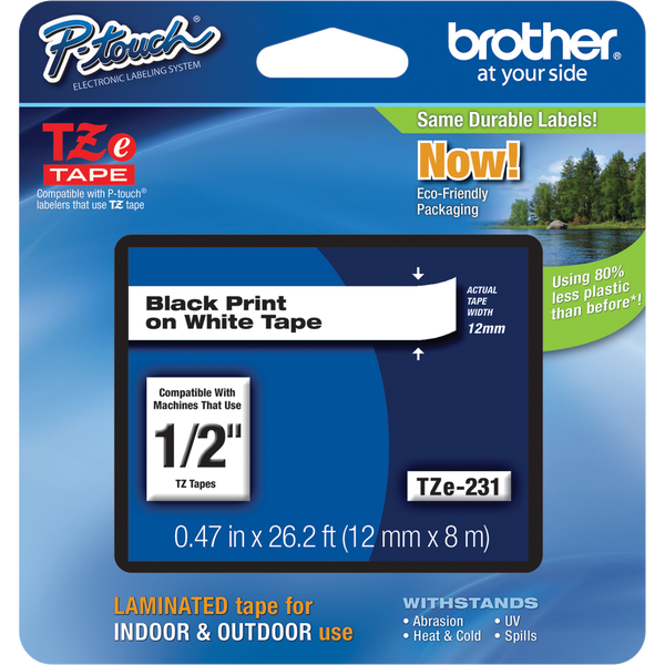 Brother P-Touch TZE Label Tape, 1/2"W x 26-1/5'L, Black on White