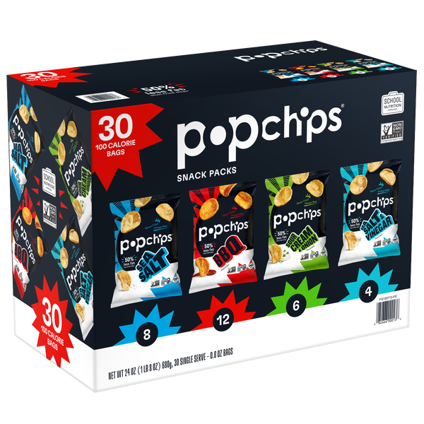 Popchips Potato Chips Snack Packs, Variety Pack, 0.8 oz, 30 ct