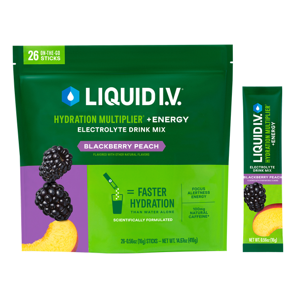 Liquid I.V. Hydration Multiplier + Energy Electrolyte Drink Mix, Blackberry Peach, 0.56 oz, 26 ct