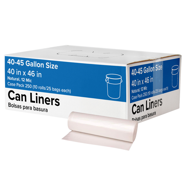 Trash Can Liners, 40-45 Gallon, 12 mic, Natural, 250 ct