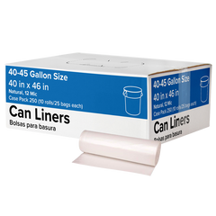 Trash Can Liners, 40-45 Gallon, 12 mic, Natural, 250 ct