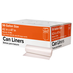 Trash Can Liners, 56 Gallon, 12 mic, Natural, 200 ct