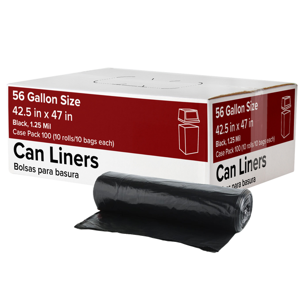 Trash Can Liners, 56 Gallon, 1.25 mil, Black, 100 ct